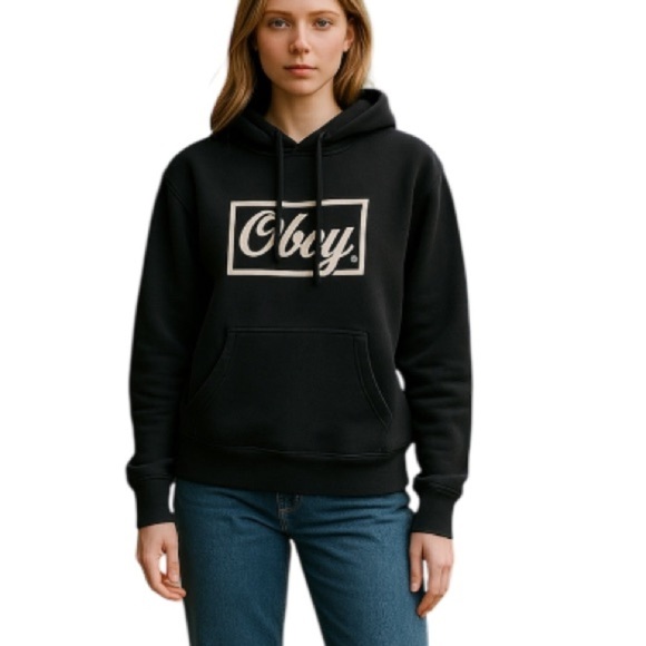 OBEY Graphic Logo Long Sleeve Hoodie Sweatshirt Black Kangaroo Pocket *As Is* M - Picture 1 of 12